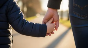 Child holding parent's hand during walk - capturing road moments in everyday motherhood