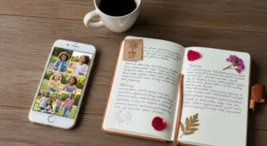 Journal and phone with family photos - preserving motherhood memories and road moments