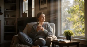 Mom enjoying quiet morning coffee time before kids wake up