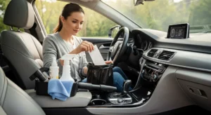 Mom maintaining organized car interior - weekly car cleaning routine for busy families