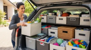 Mom organizing car trunk with storage bins - assessing car organization needs for families