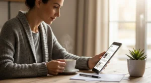 Mom researching product reviews on tablet - evaluating smart product recommendations