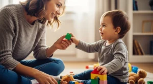 Mother and child playing together on floor - authentic road moments in family life