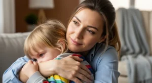 Mother comforting child with patience - finding momspiration through parenting challenges