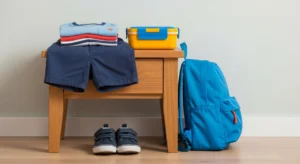 Night before preparation with organized clothes and school supplies