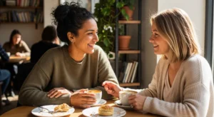 Two moms connecting over coffee - authentic momspiration through supportive friendships