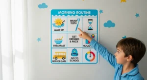 Visual morning routine chart with time blocks for children