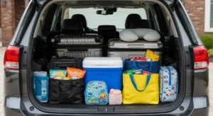 Family car packed and organized for a weekend road trip adventure