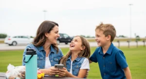Mom and kids laughing together during a spontaneous road trip pit stop