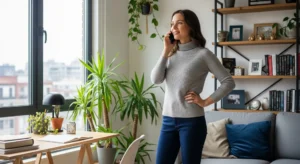 Empowered mom confidently talking on the phone and holding her boundaries