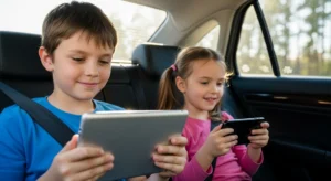 Kids entertained with road trip apps in the backseat during family drive