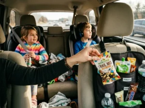 mom grabbing no-fridge car snack for kids on the road