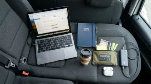 mom mobile office setup essentials in the car