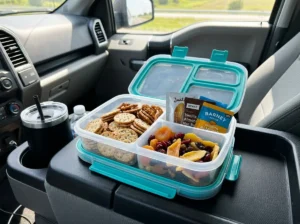 organized car snack container with healthy kids snacks