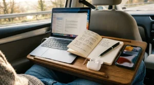 productive mobile work setup for moms in the car