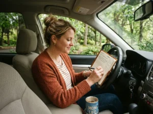 mom journaling in parked car as self-care ritual
