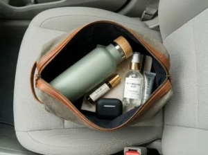 mom self-care kit laid out on car passenger seat