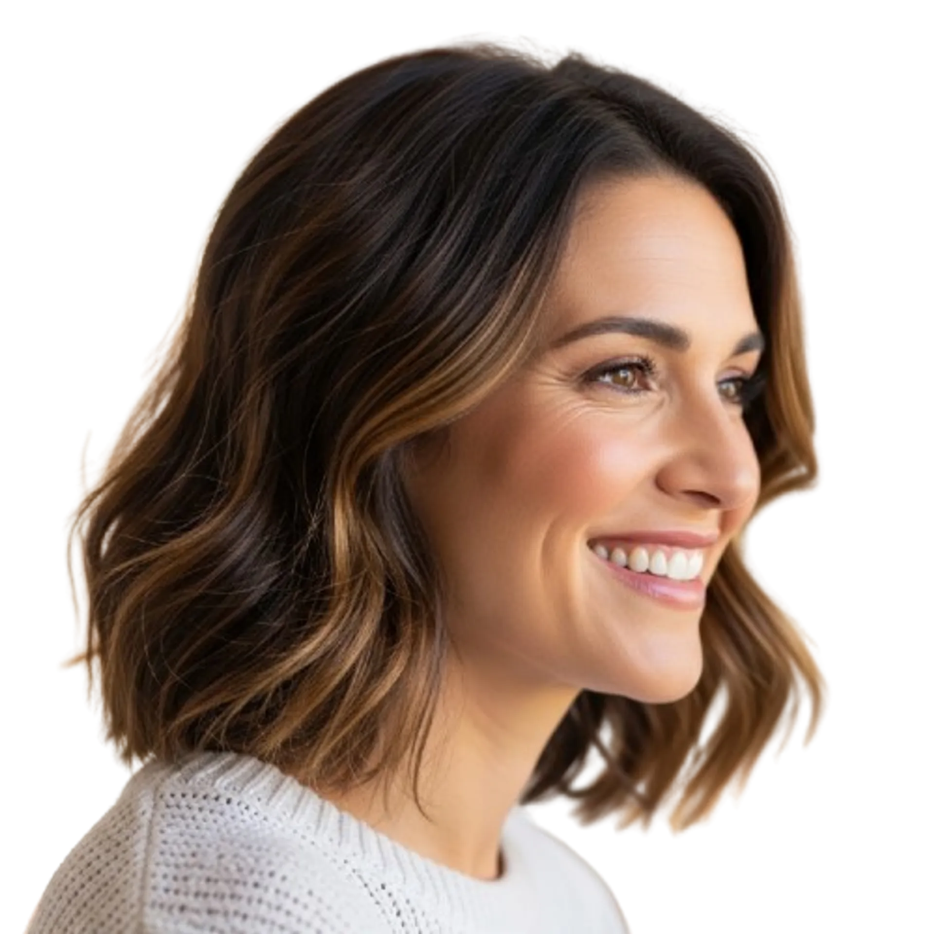 A mom facing to the right with a bright smile, her body positioned to the right.