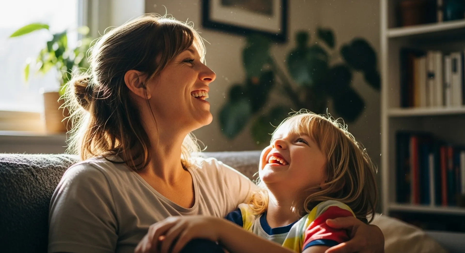 Mother and child laughing together during everyday moment at home - road moments in motherhood