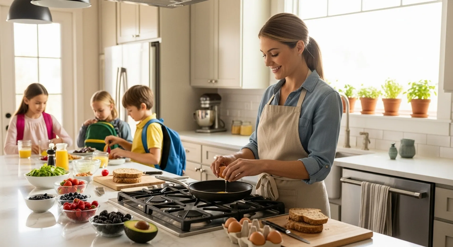 Organized mom following morning routine in bright kitchen with children