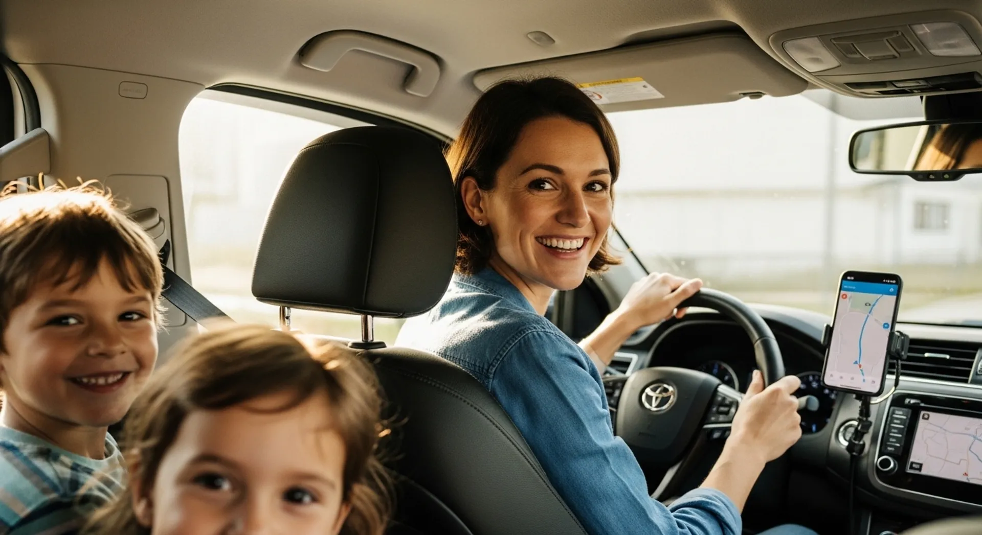 Mom using road trip navigation app on phone while kids enjoy the drive