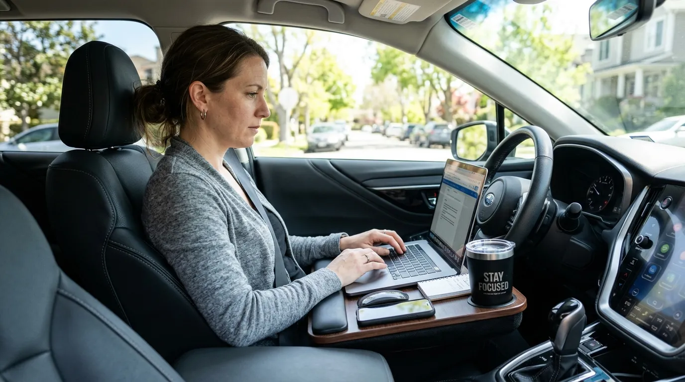 mom working on side hustle from parked car during school hours