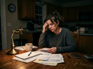exhausted mom sitting at kitchen table late at night
