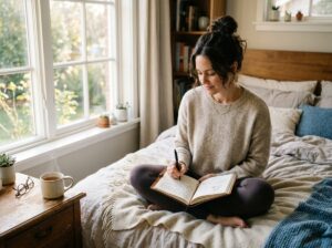 mom journaling and slowing down for self-care at home