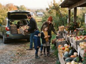 Family at a fall farm market during a road trip