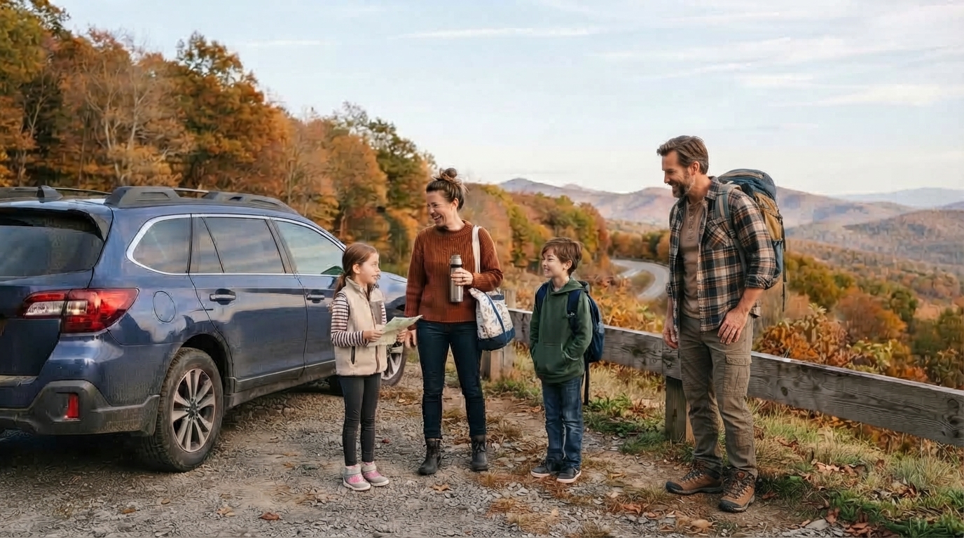 Family at an autumn overlook on a fall road trip